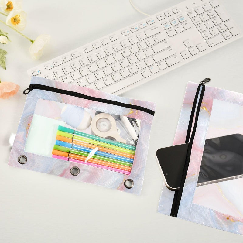 Kcldeci 3 Ring Pencil Pouch  Cute Pastel Unicorn Rainbow Glitter Marble 2 Packs Bulk Zipper Pencil Case Pencil Pouches with Clear Window for Storing School Office Supplies - Image 4